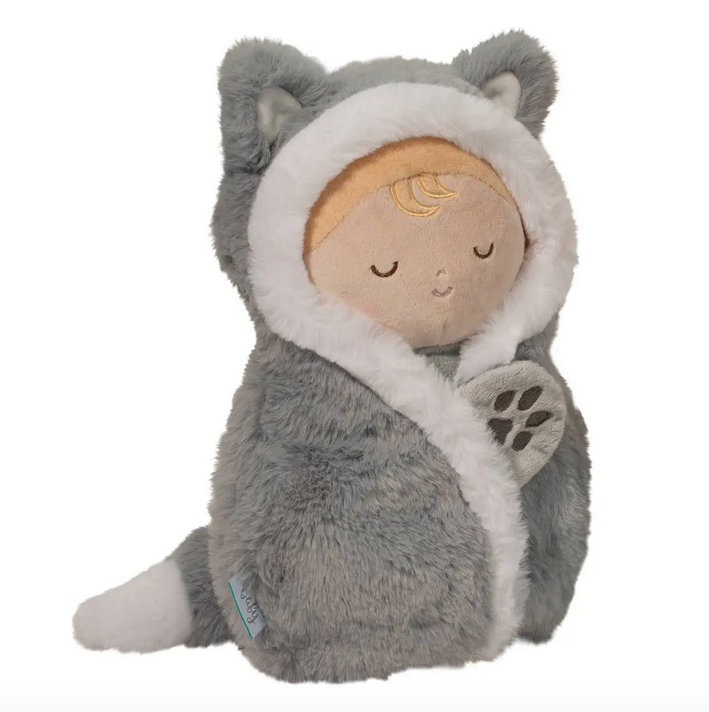 Baby Wolf Hug plush baby doll swaddled in a grey blanket with wolf ears and white trim. 