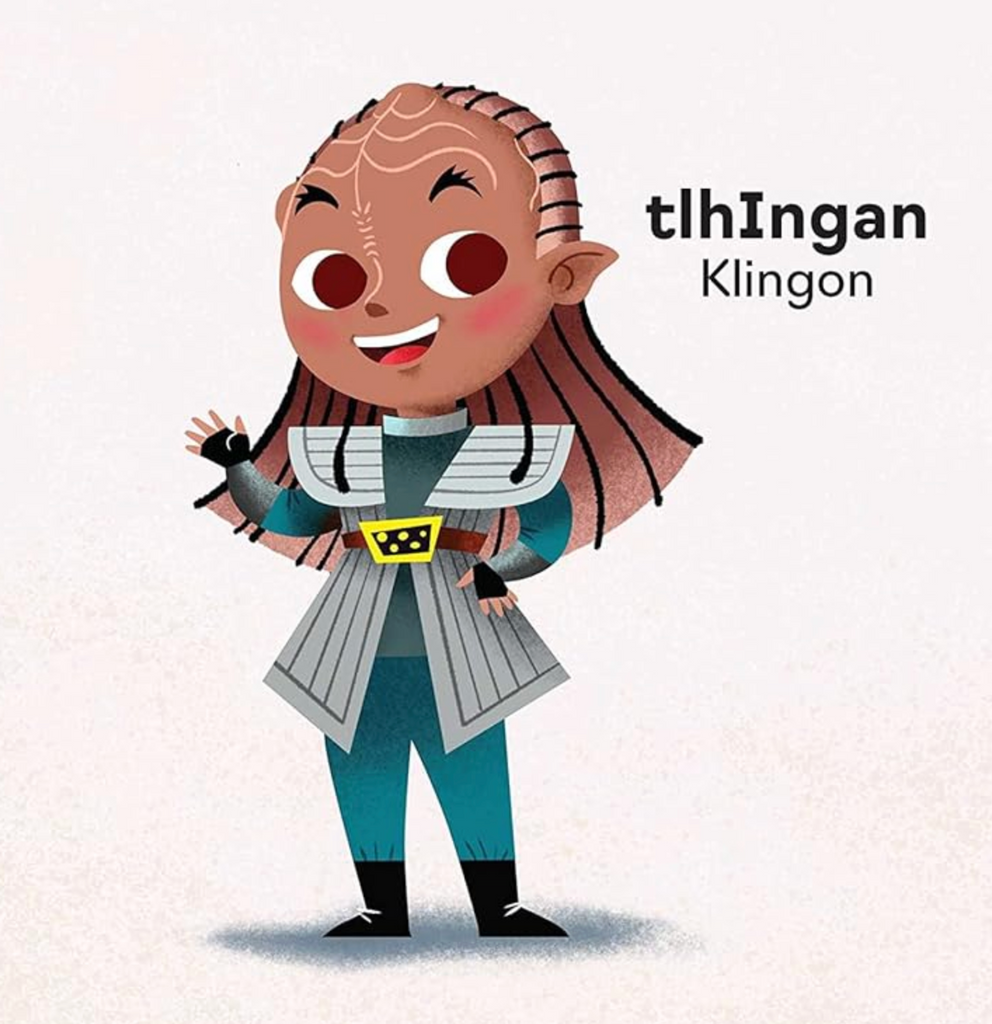 Interior page with an illustration of a Klingon with the English word and the Klingon word. 