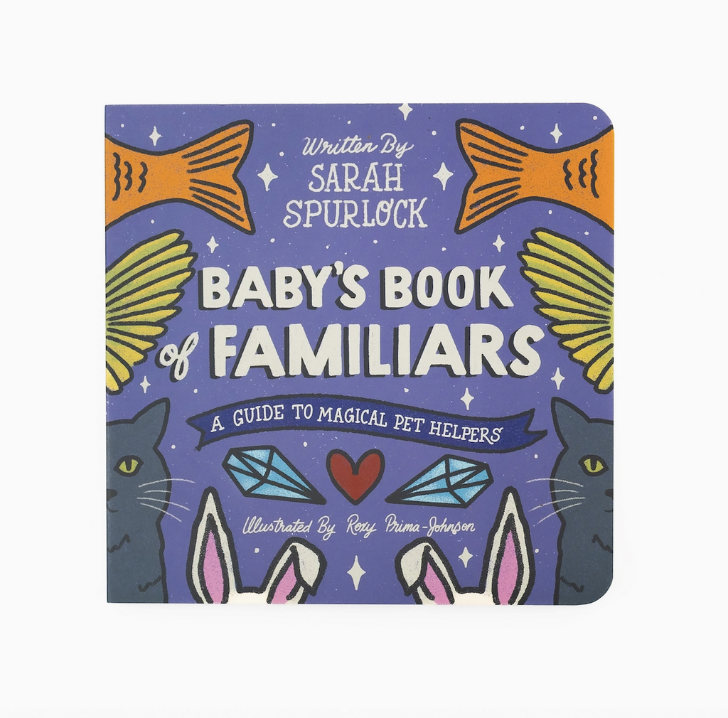 Cover of Baby's Book of Familiars" with illustrations of partially seen animals, crystals, and stars. 