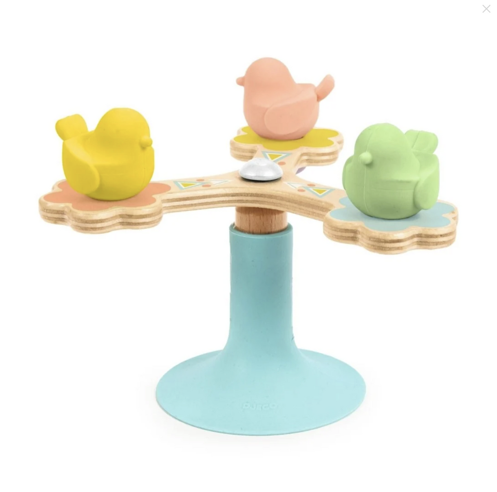 Wooden baby toy spinner with 3 pastel colored birds on a blue base.