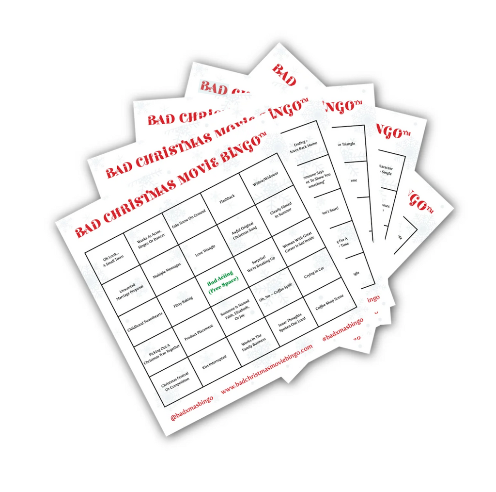 A stack of dry erase bingo cards used in the Bad Christmas Movie Bingo game. 