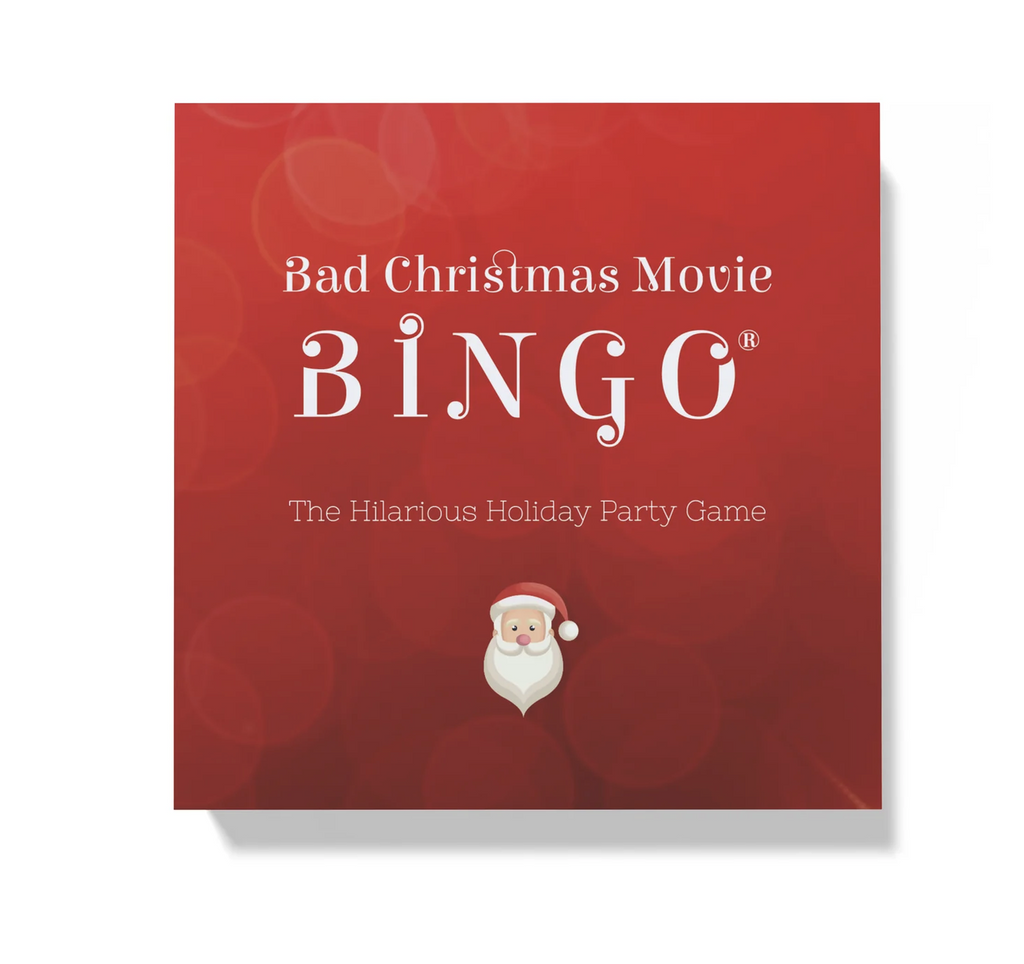 Red box with an illustration of Santa at the bottom and white lettering that reads Bad Christmas Movie Bingo - The Hilarious Holiday Party Game 