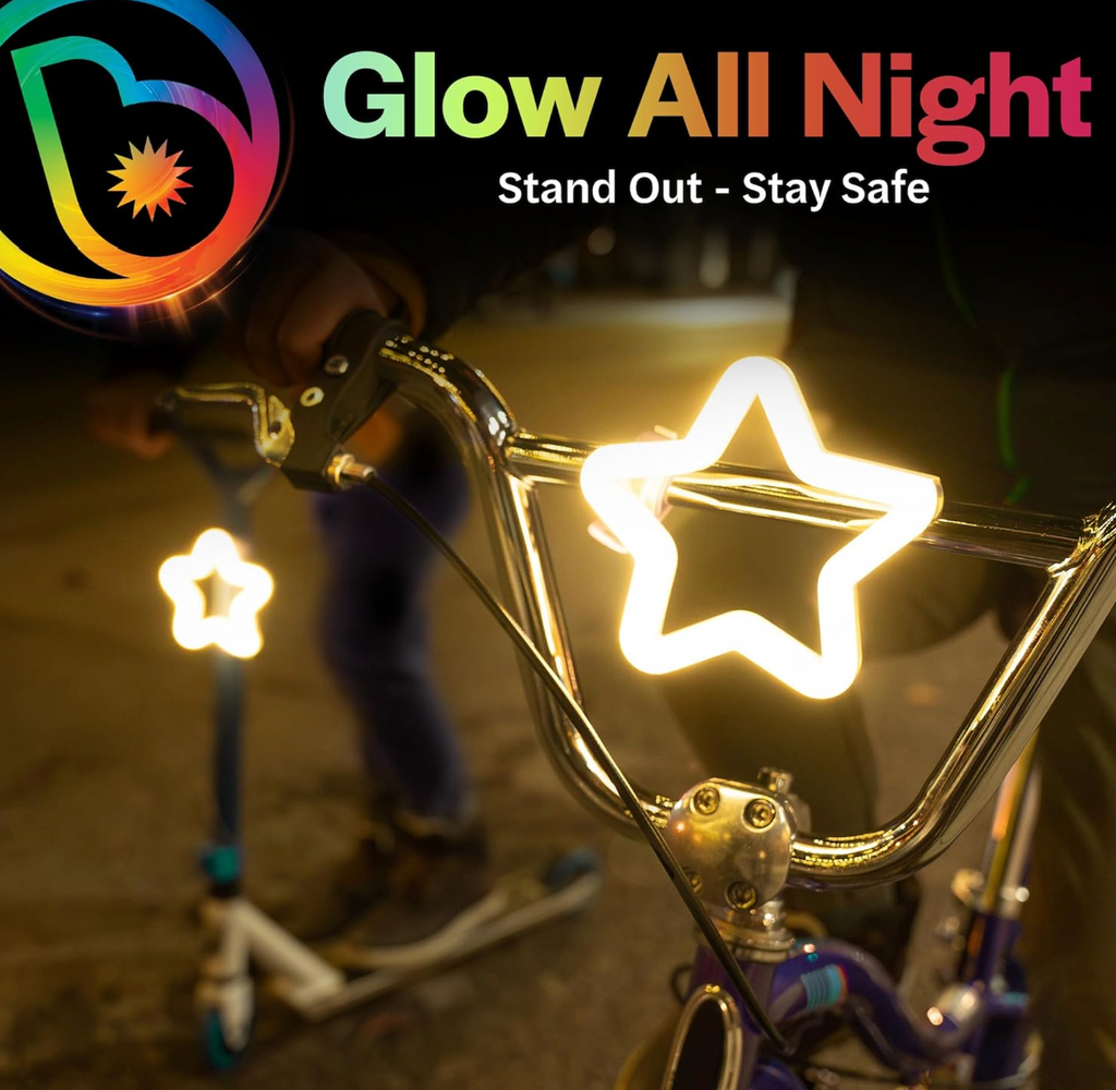Neon Badge Brightz star light on a scooter with 'Glow All Night' written in rainbow letters across the top of the  picture. 