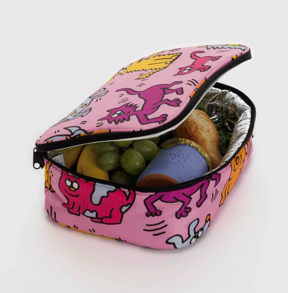 The Keith Haring Pets insulated lunch box filled with food. 