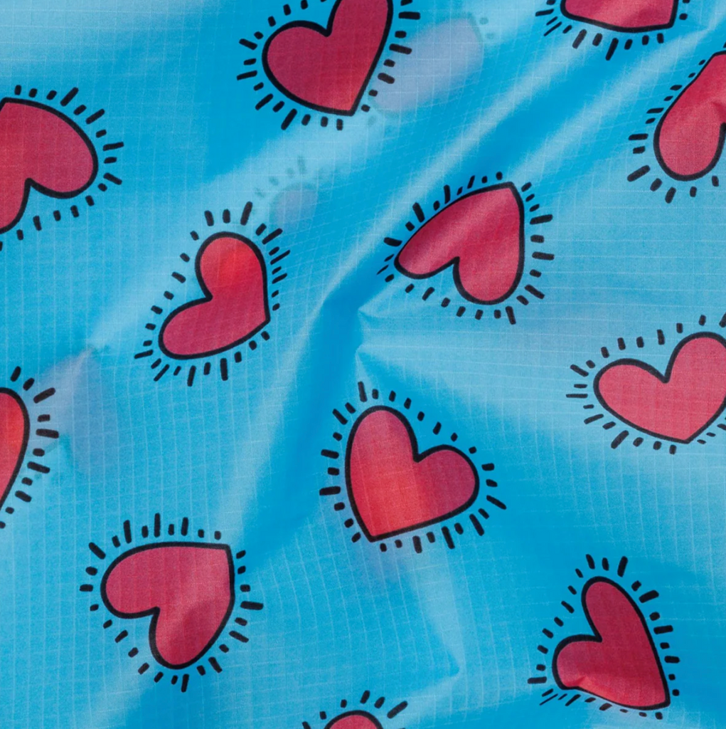 Close up view of the Hearts print by Keith Haring. 