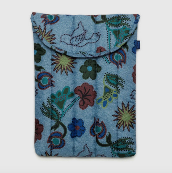 Puffy Laptop Sleeve with denim blue birds and floral pattern. 