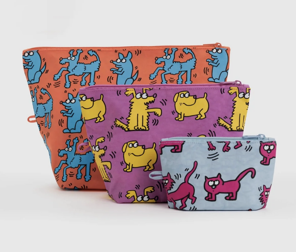 Set of 3 Go Pouches with a different Keith Haring "Pets" print on each size. 