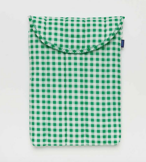 Baggu Green gingham print puffy laptop sleeve.