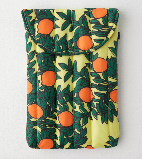 Orange tree print on yellow background puffy laptop sleeve. 