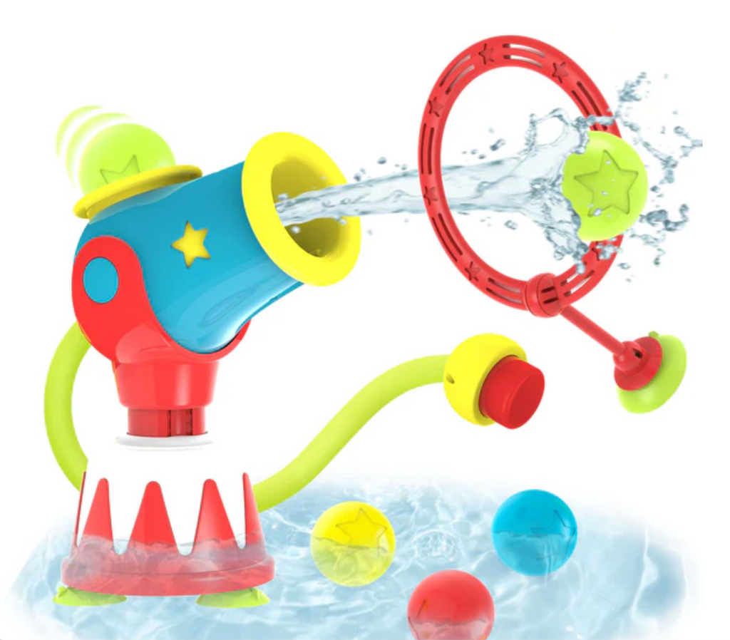 Ball Blaster Water Cannon filled with water and shooting colorful balls through the red target.