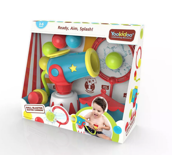 The Ball Blaster Water Cannon packaged in an open box that enables the bright colors and all the pieces included in the bath toy. 