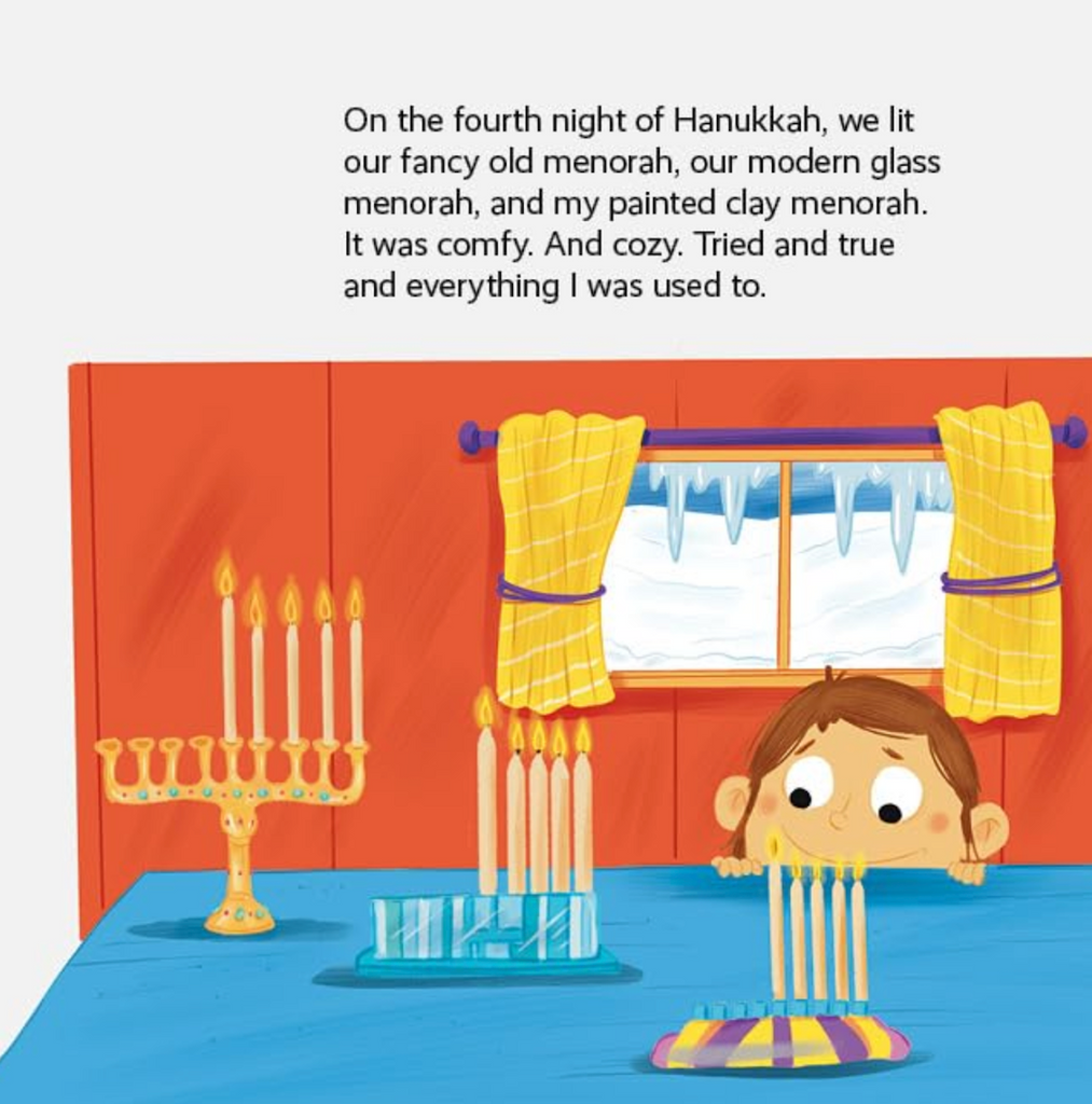 Interior page from Banana Menorah with an illustration of a child with three different types of menorahs on a blue table. 