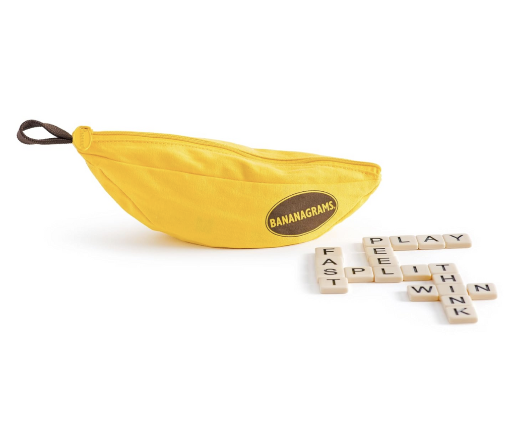 Yellow banana shaped pouch with word tiles. 