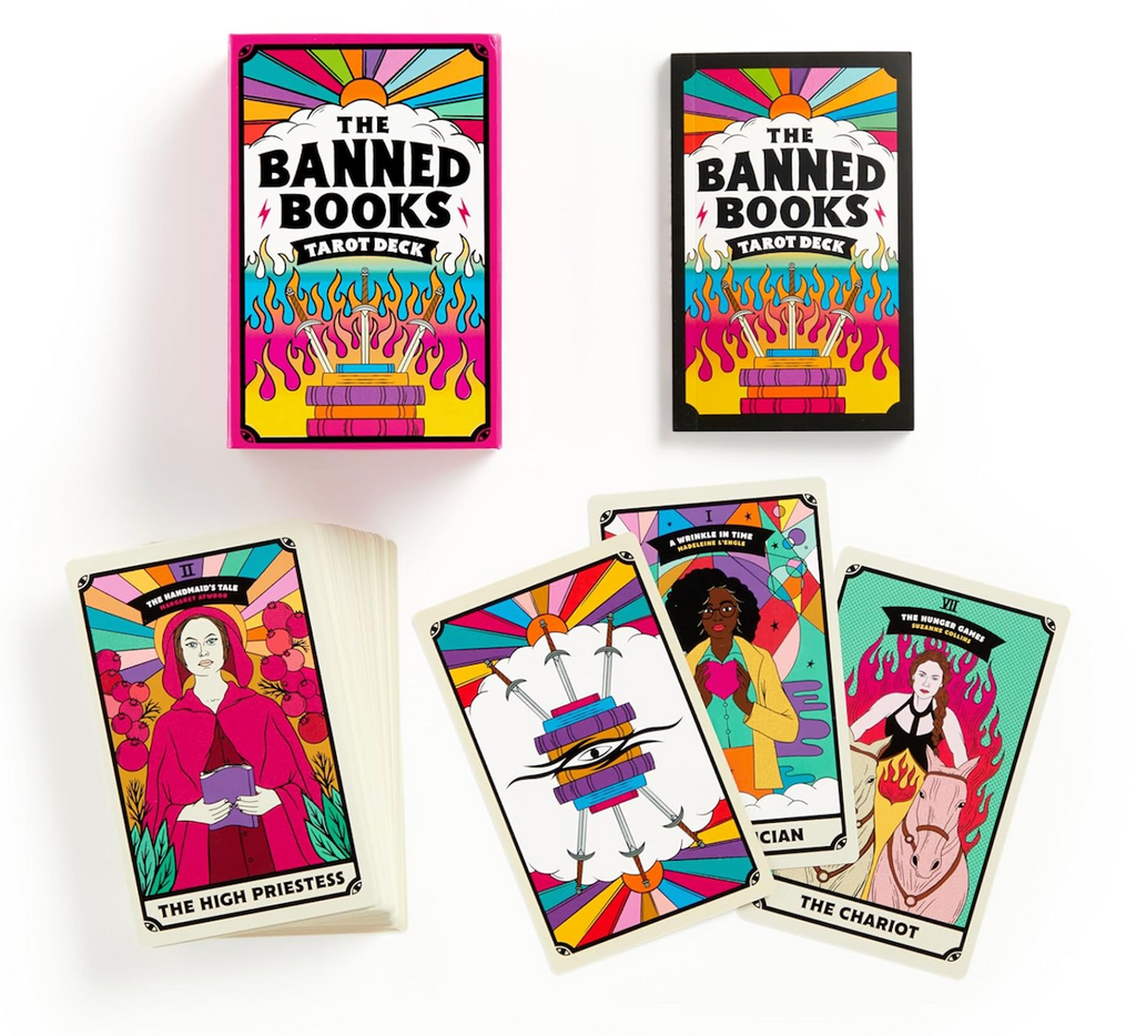 A selection of cards from The Banned Books Tarot Deck, with colorful imagery of books that have a history of censorship and banning. 