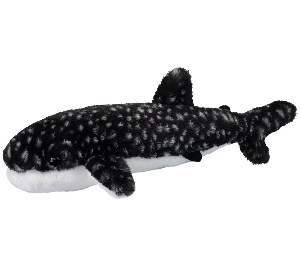 Soft, plush stiffed animal with mottled black and white fur and a white underbelly. 