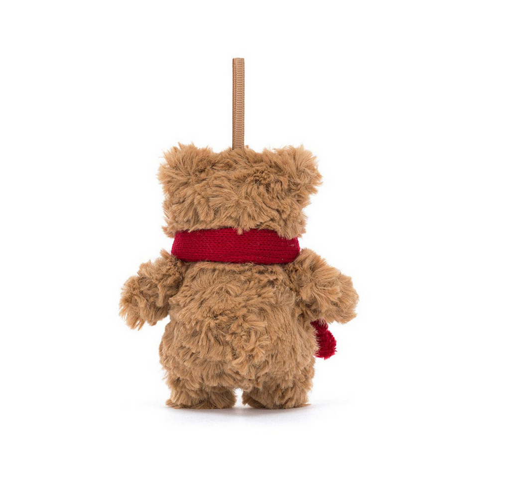 Back view of Bartholomew Bear wearing a red scarf. Hang him from your tree or use him as an adorable gift topper. 