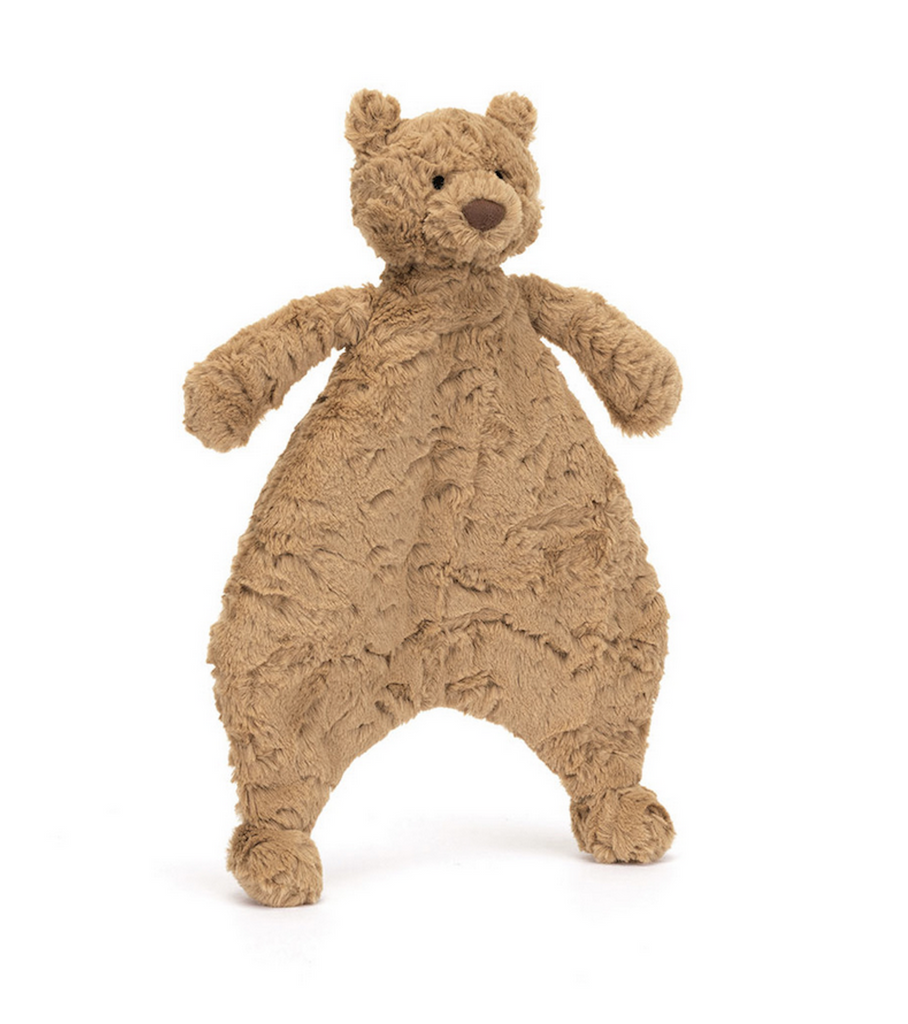 Bartholomew Bear comforter with stuffed head and flat body. 