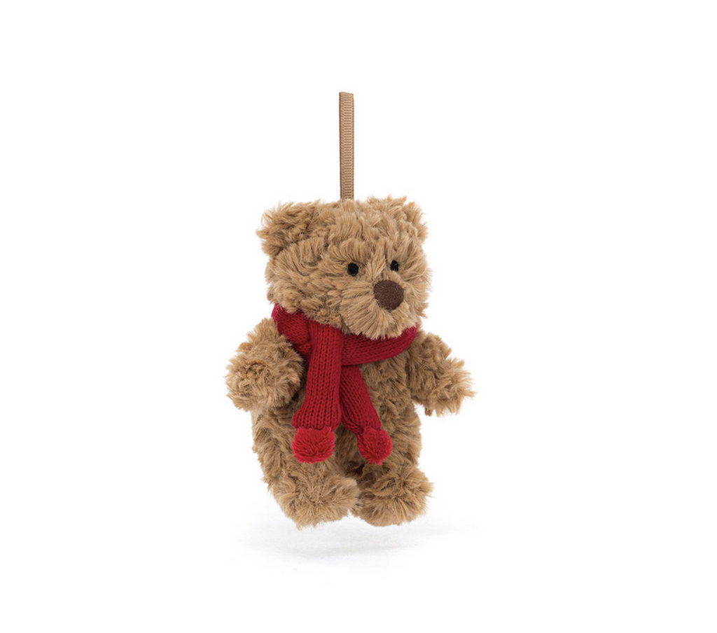 Jellycat's Bartholomew Bear in miniature! He is decked out with a red scarf to keep him warm and cozy for winter and has a tan ribbon for hanging!