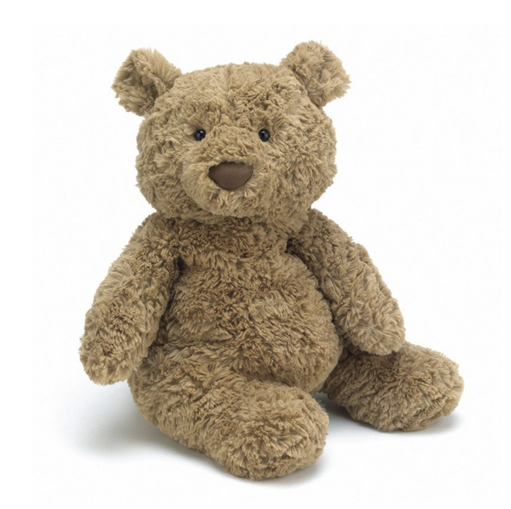 Medium sized plush Bartholomew Bear with scruffy light brown fur and pot belly that vmake his hugs that much cuddlier. 