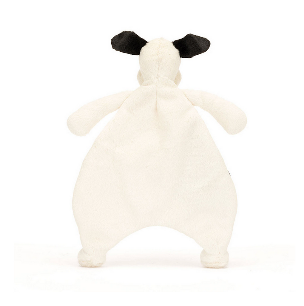 Back of the Bashful Cream and black comforter with plush head and flat body. 