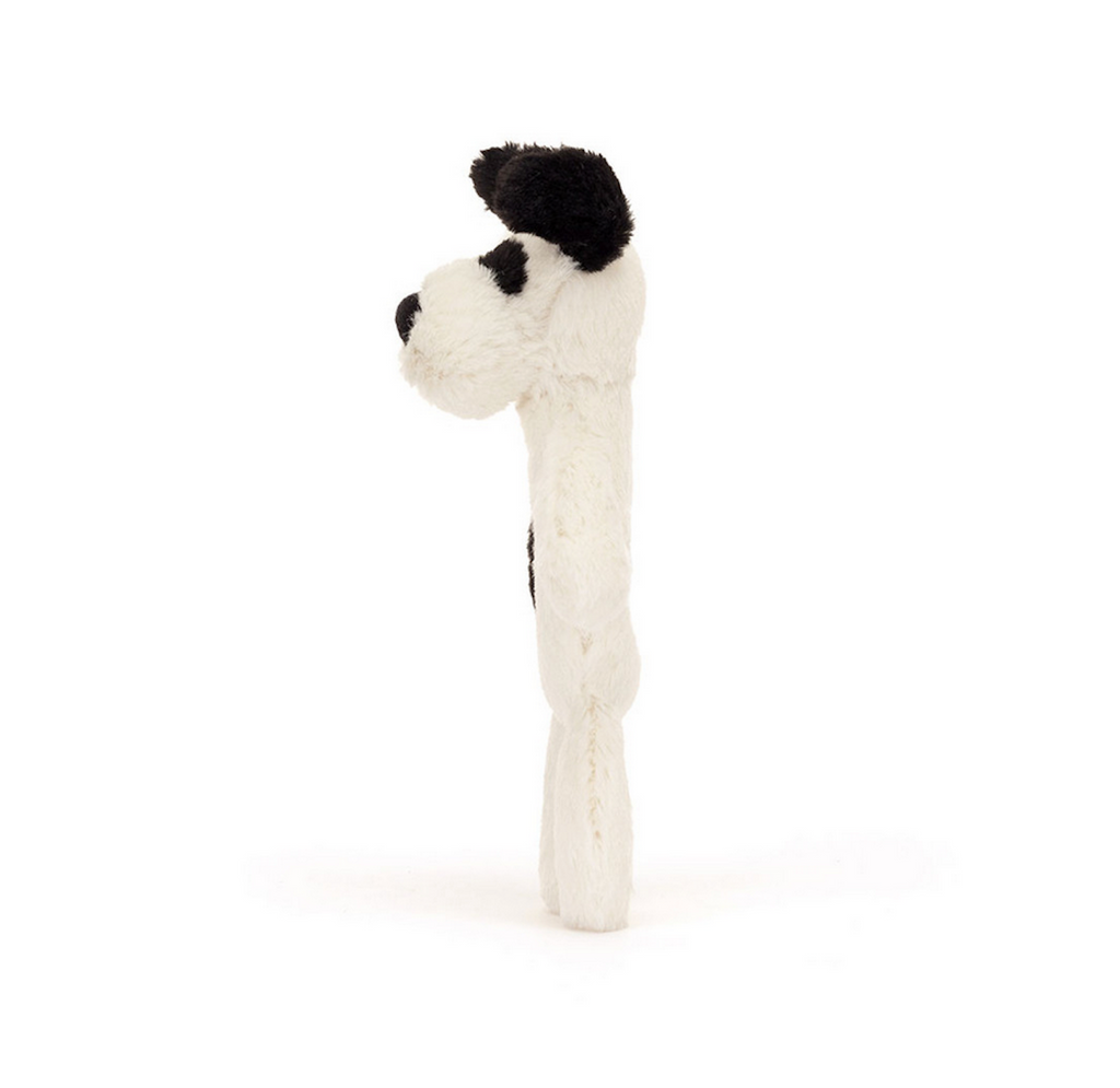 Side view of the Bashful Black and cream puppy ring rattle. 