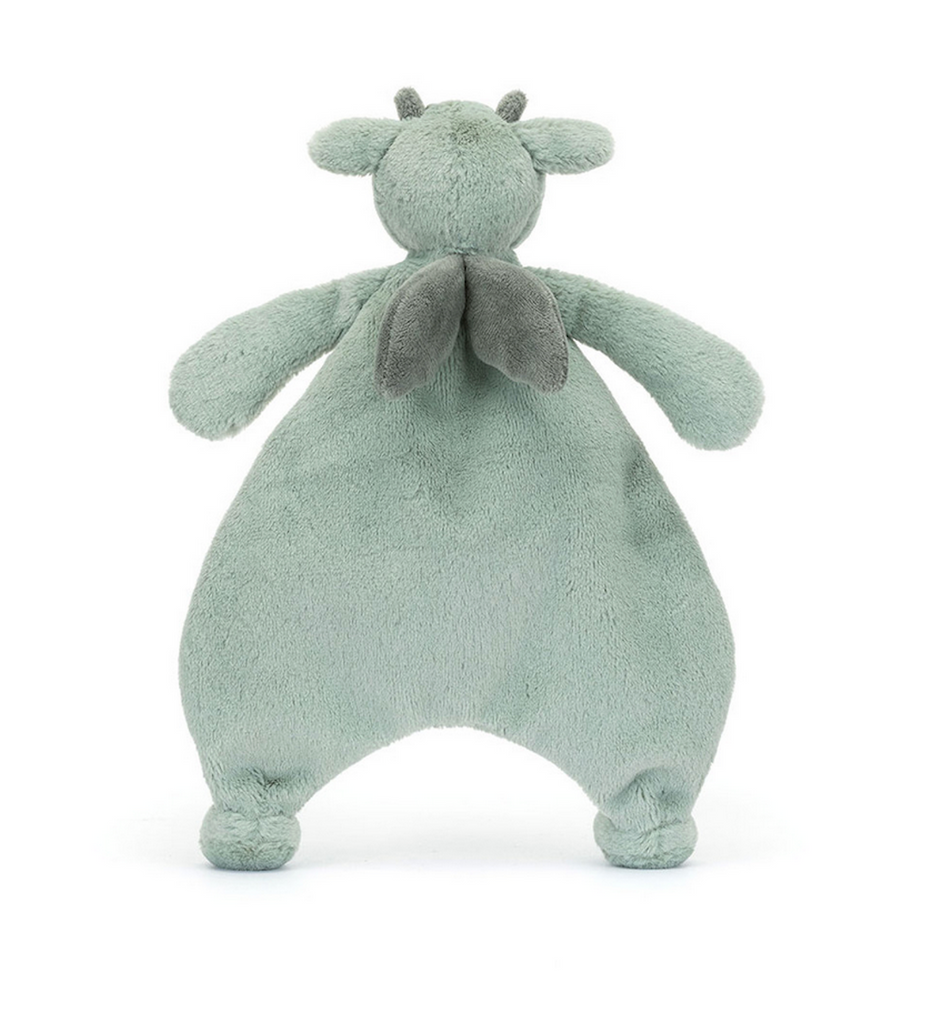 Back of the green Bashful Dragon comforter with plush head, wings and flat body. 