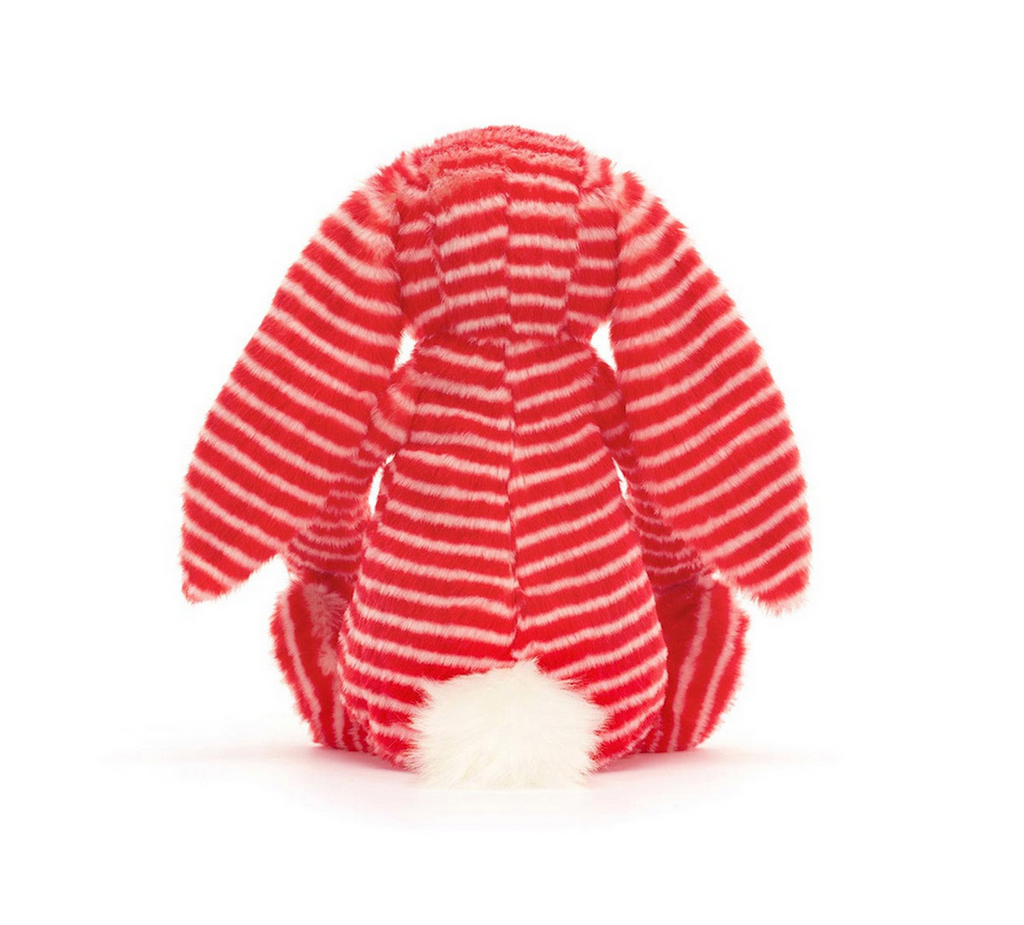 Back view of Evey Bunny with their red and white candy cane striped fur and fluffy white cotton tail. 