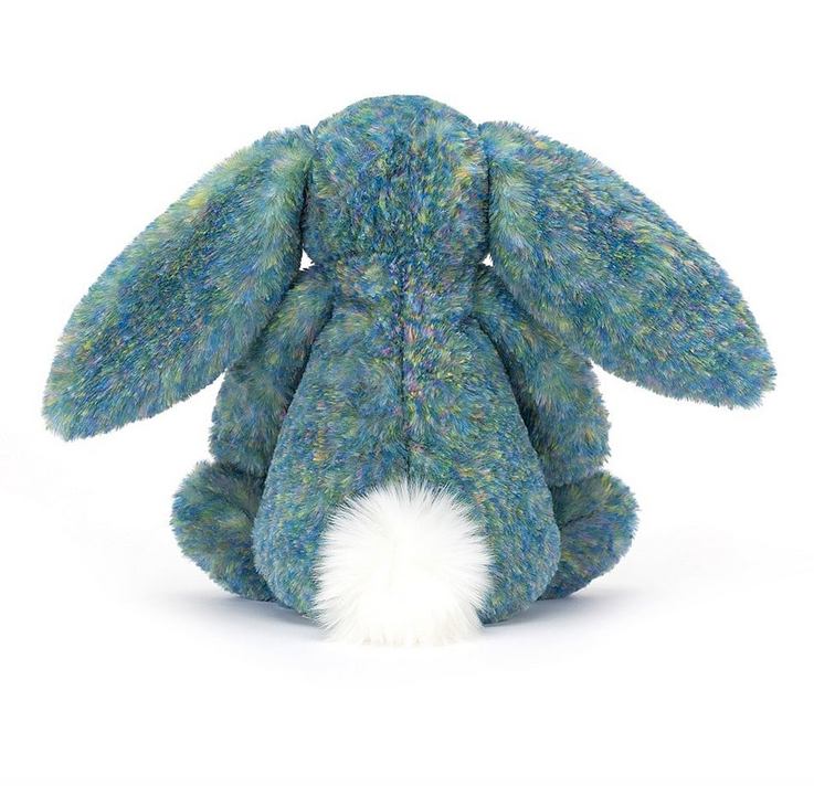 Rear view of Bashful Huge Luxe Bunny in Azure with long soft ears and white cottontail. 