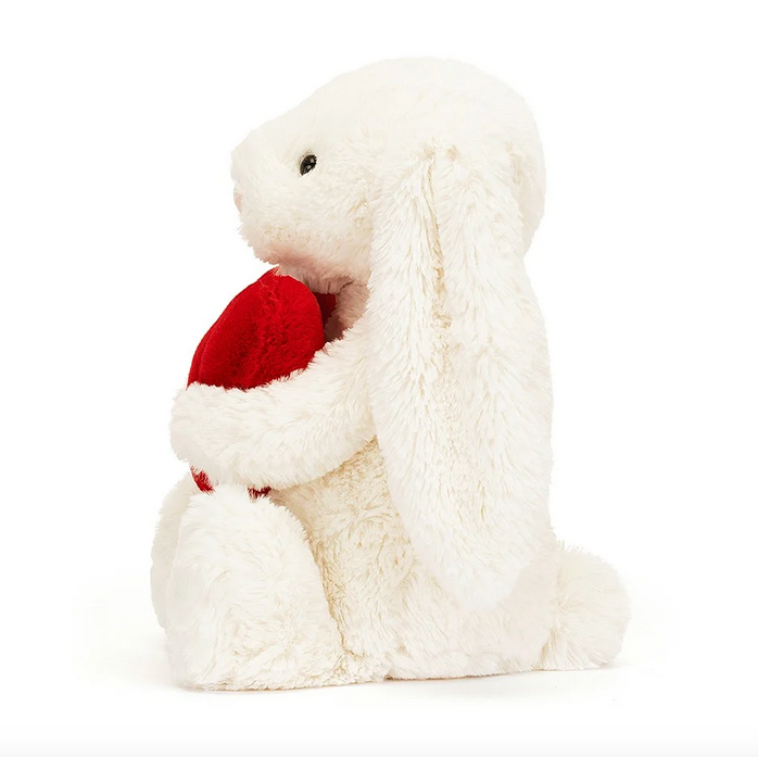 Left side view of the small Bashful Red Love Heart Bunny.  