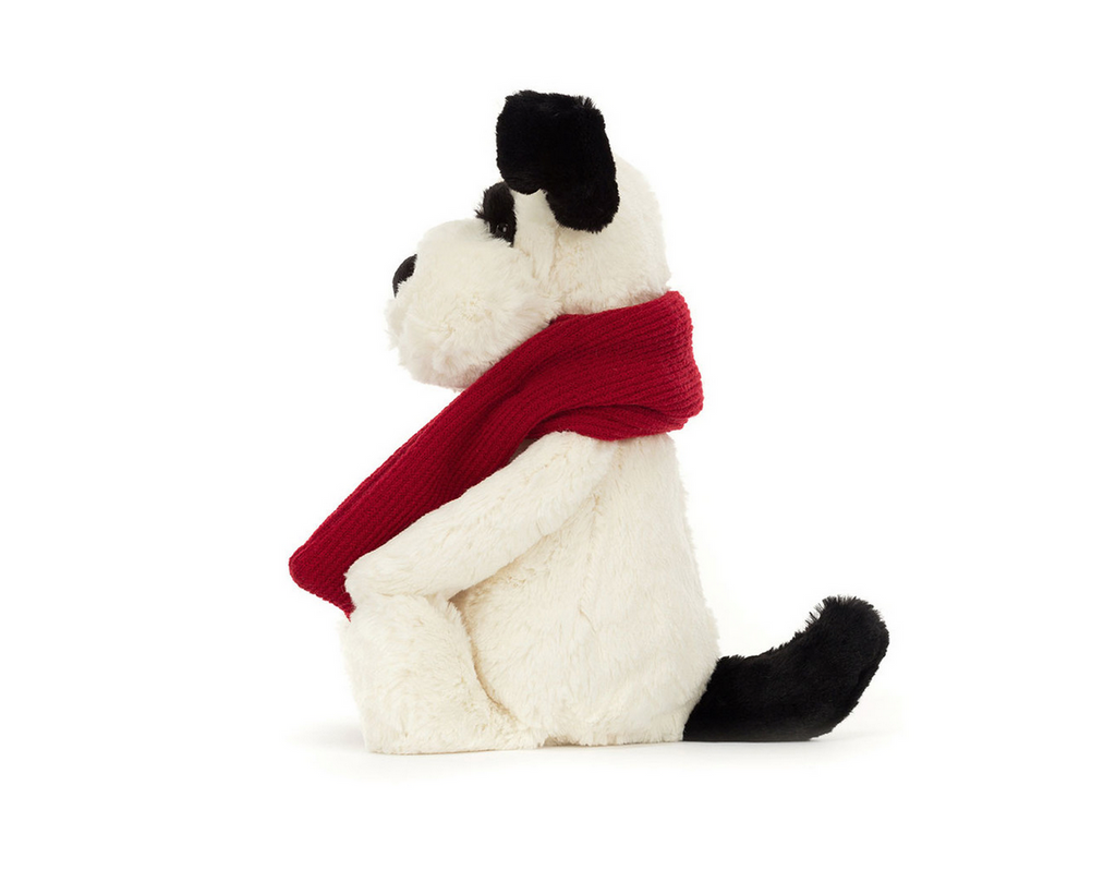 Side view of Bashful winter puppy plush.