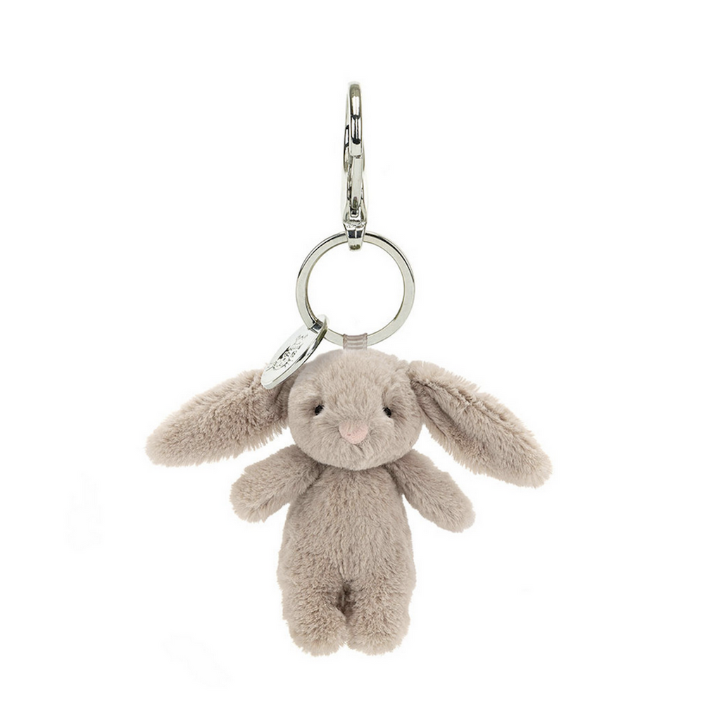 Bashful Beige Bunny plush bag charm with silver lobster claw clasp and Jellycat disc. 