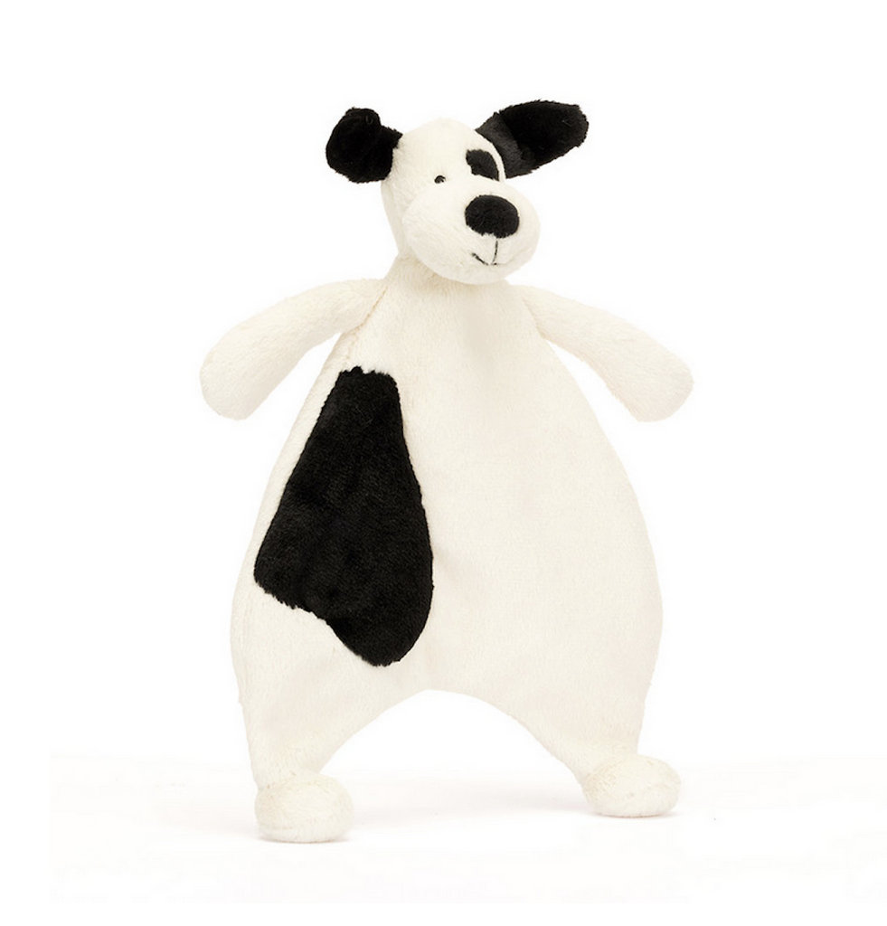 Bashful black and cream puppy comforter with plush head and flat body. 