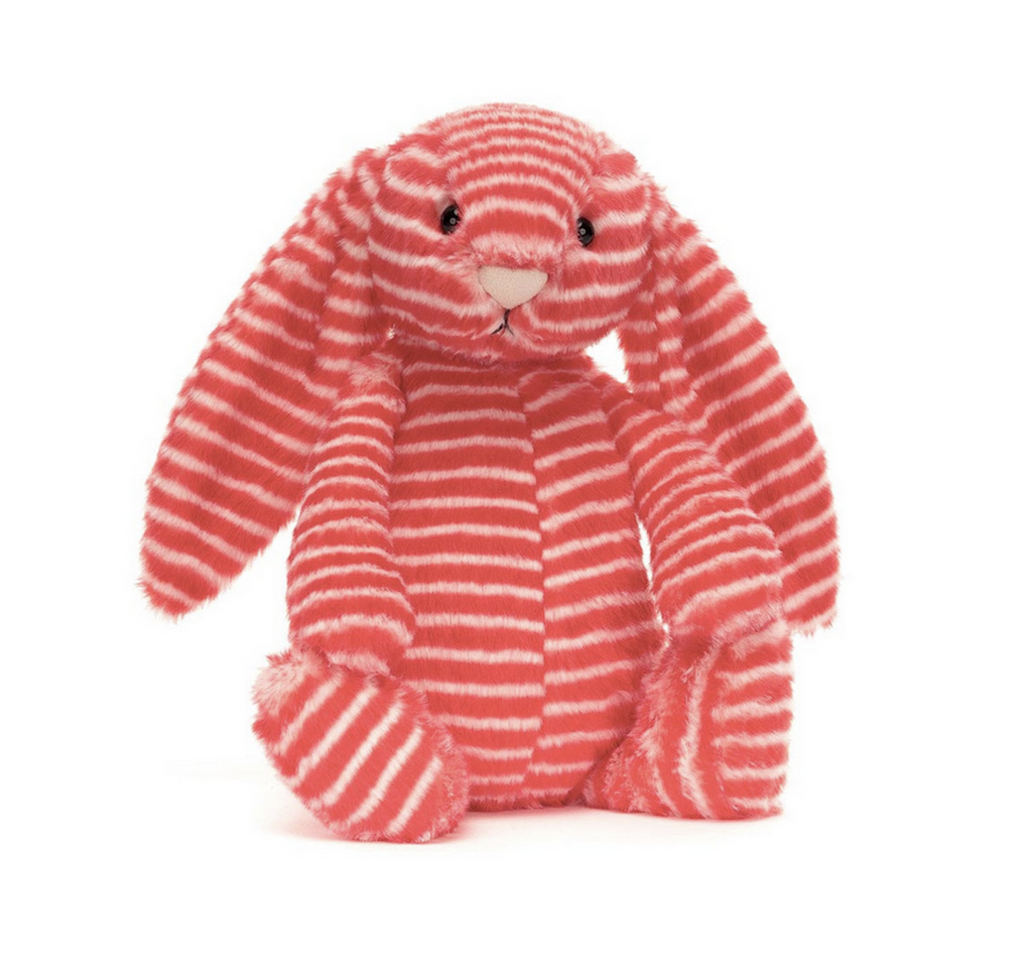 Red and white candy cane striped plush Evey Bunny sitting up and facing forward. 