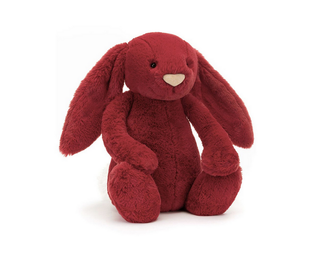 Giant scarlett red seated plush bunny.