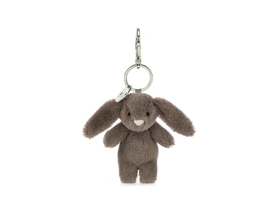 Bashful Truffle Bunny Bag Charm with the silver clasp and Jellycat tag. 