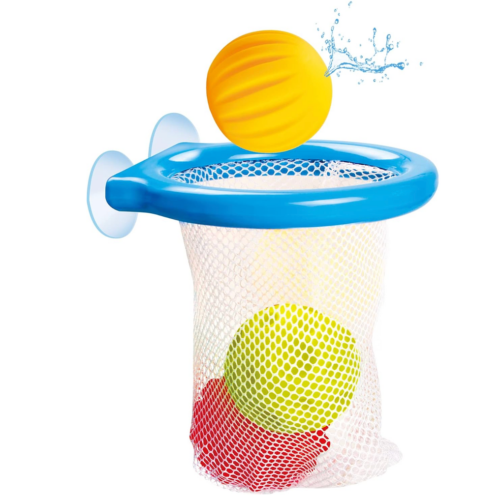 The Bath Time Hoops net suctioned to a wall and the three balls that are included are in the net. 