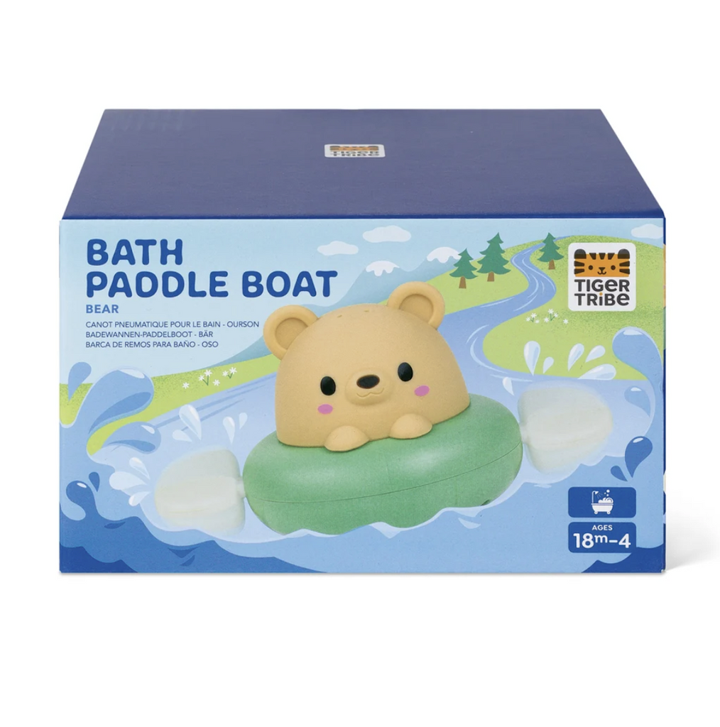 Bath Paddle Boat Bear packaged in a blue box featuring a picture of the bear in the paddle boat floating along a stream. 