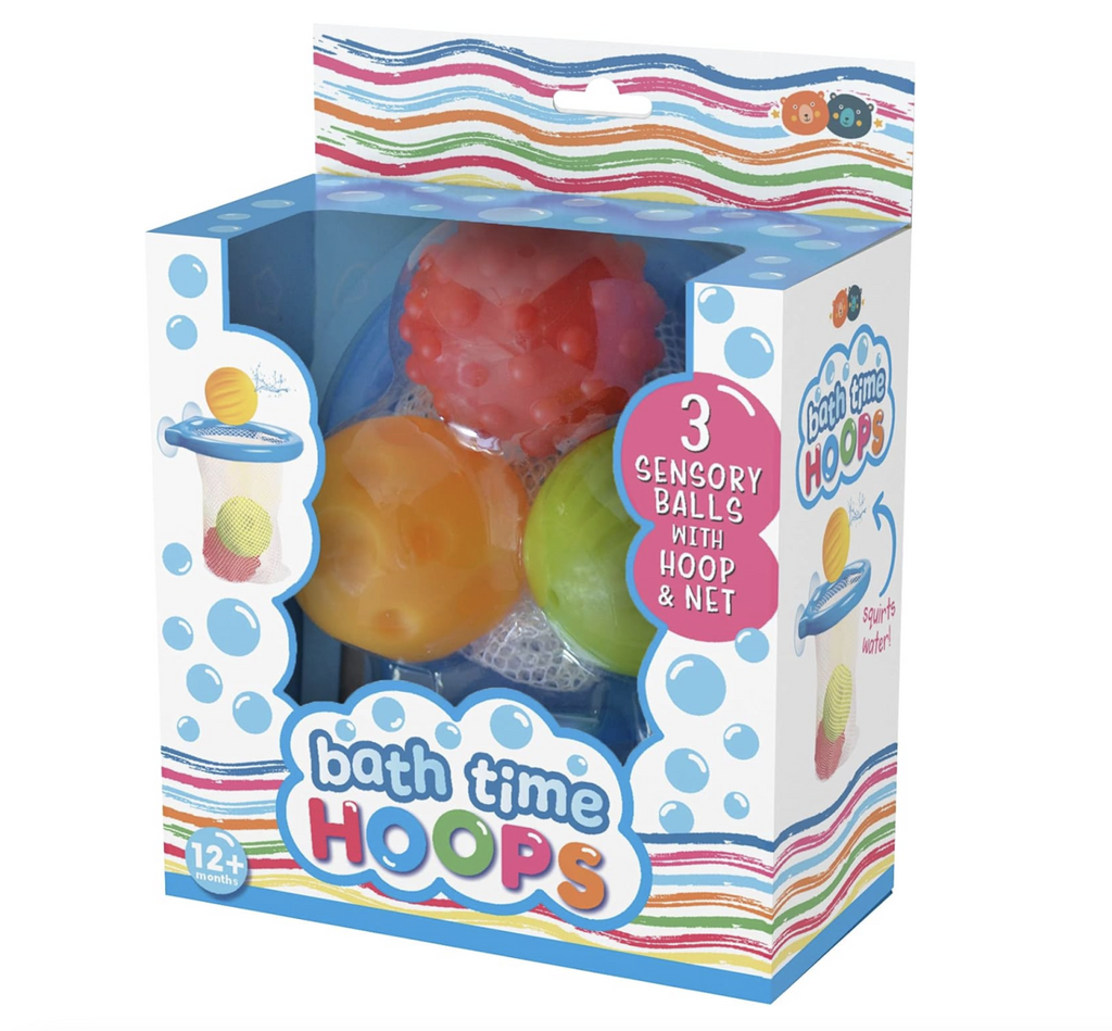 Illustrated box containing the Bath Time Hoops bath toy set. 