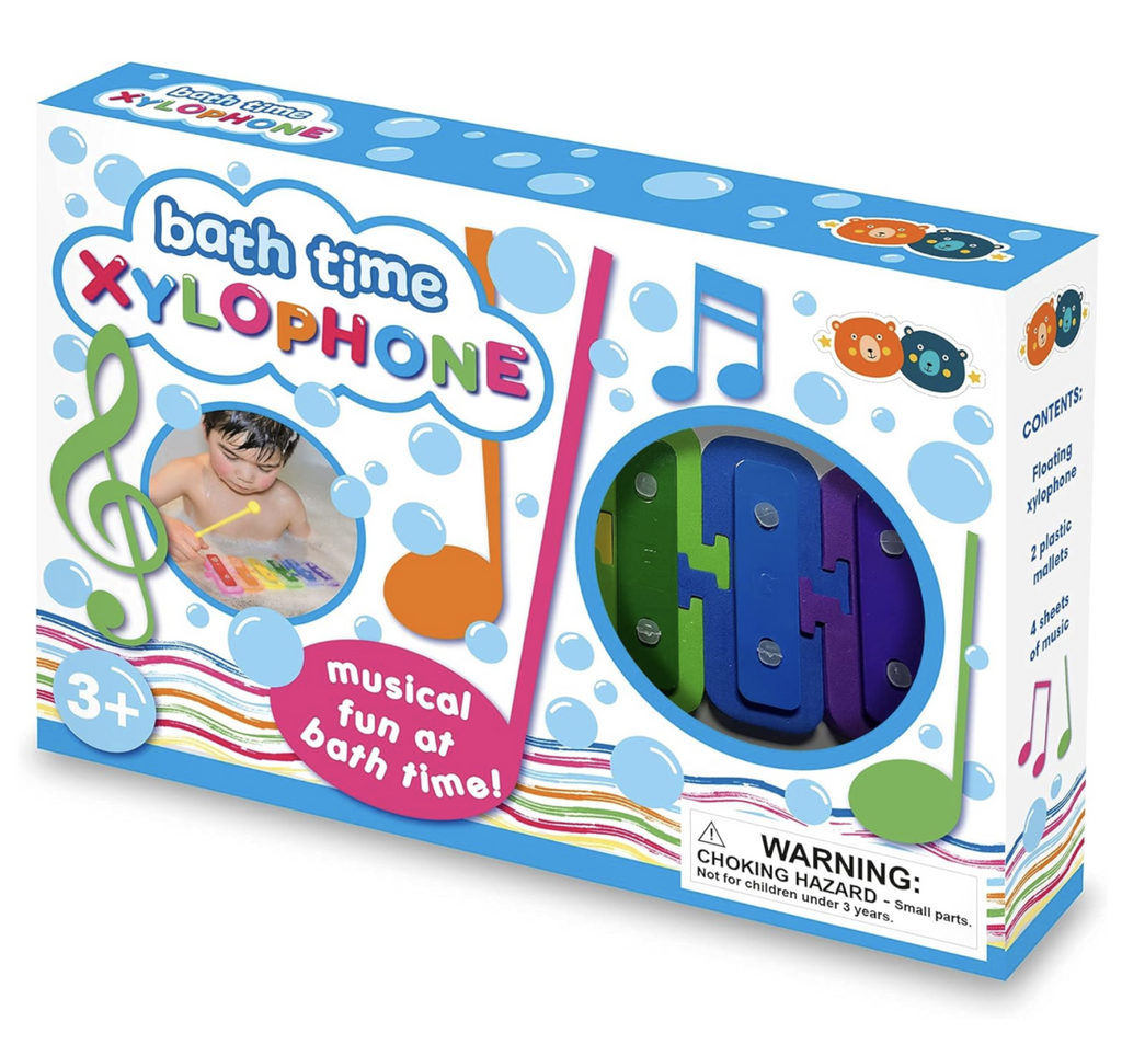 The Bath Time Xylophone packaged in a colorfully illustrated box. 