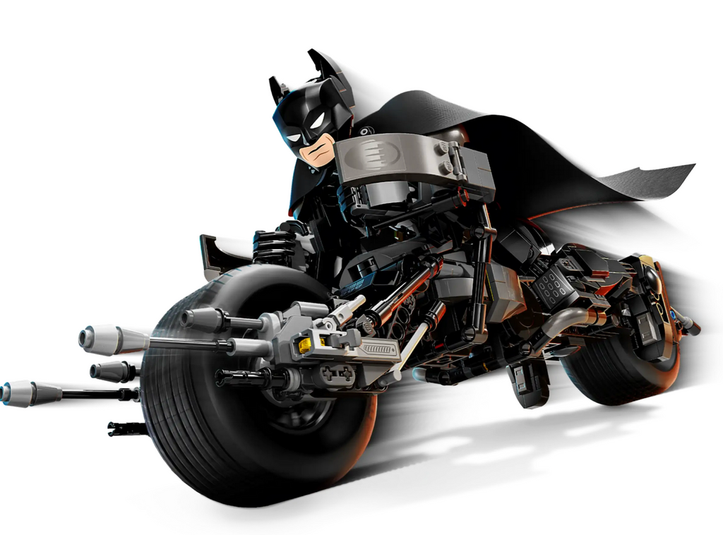 Close up of LEGO Batman riding the Bat Pod Bike. 