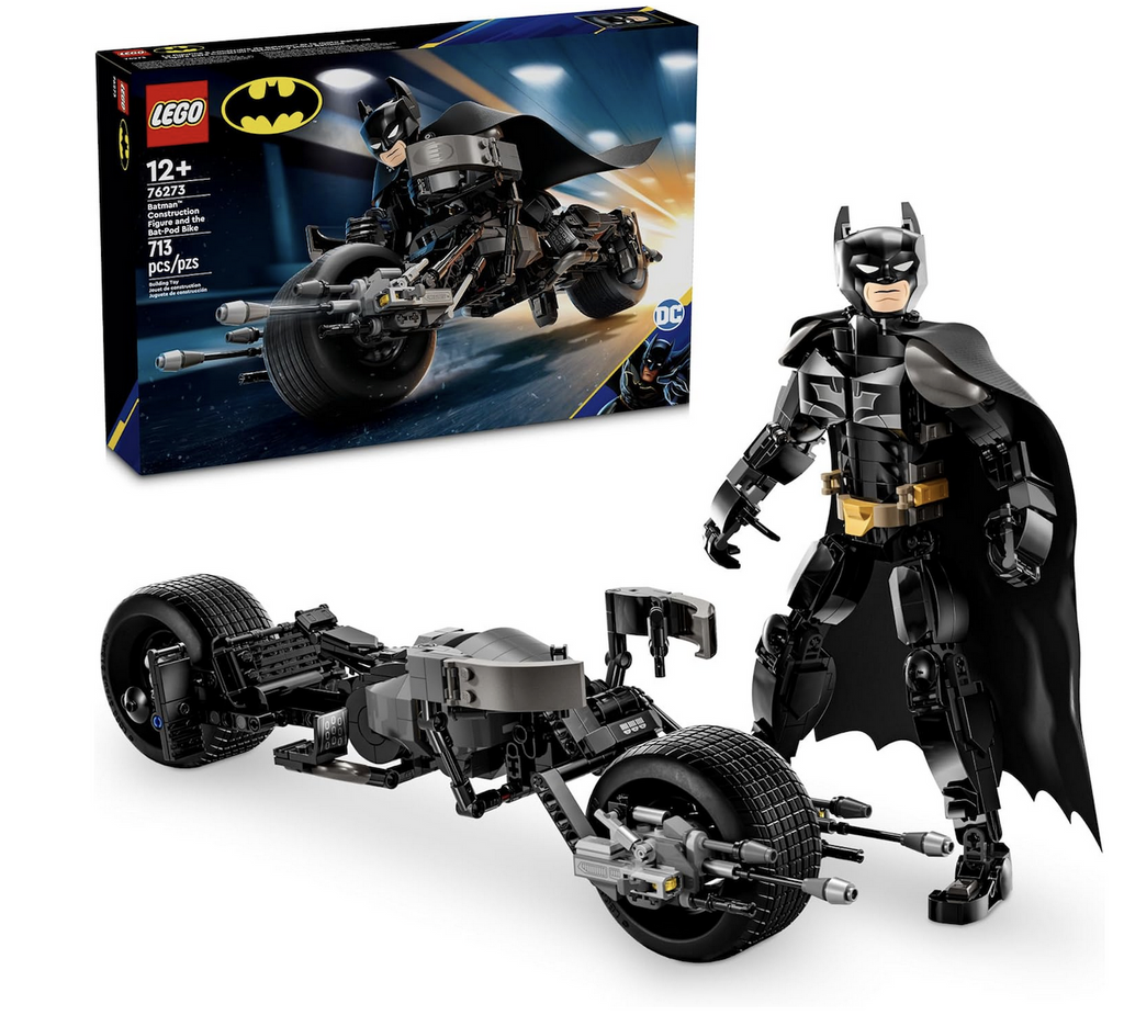 The Batman Construction Figure and Bat Pod Bike built and standing in front of the LEGO box with a picture of LEGO Batman on the Bat Pod Bike. 