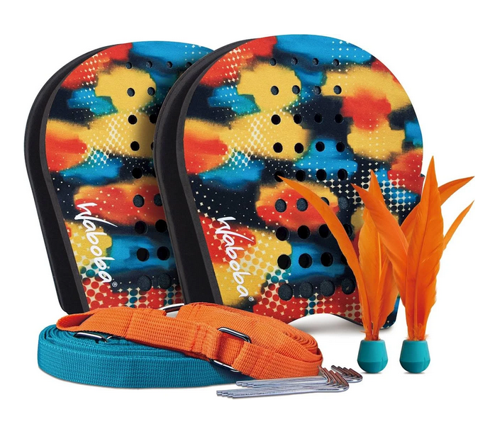 The components of Battlebird. Two brightly colored Voli hand paddles in red, blue, yellow and black. Two orange and blue birdies. And orange and blue straps for marking the court. 