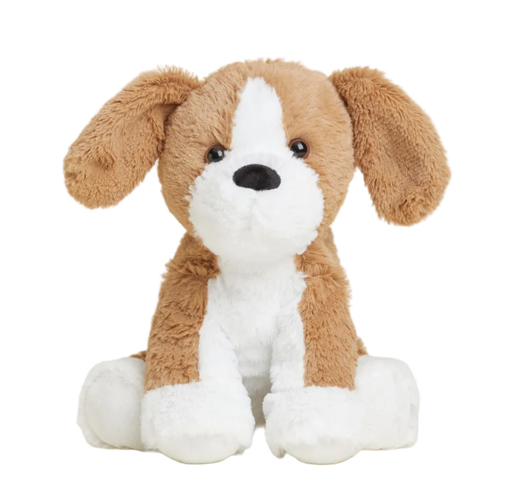 Adorable plush Beagle puppy dog with light brown fur covering it's head, ears and back and white fur on it's underside. The weighted stuffed animal in a seated position facing front. 