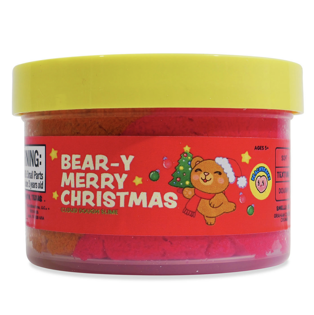 A clear container holding red cloud dough slime with a bright yellow lid. 