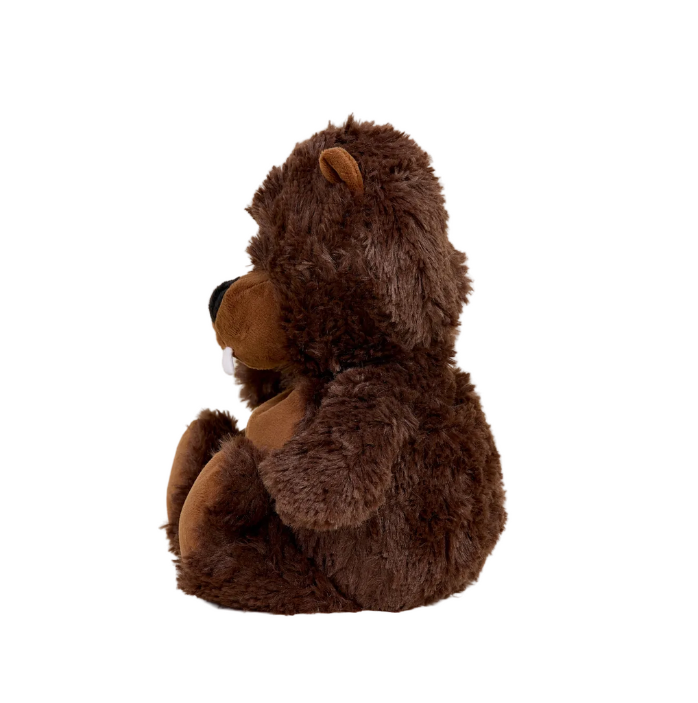 The Beavers Warmies weighted stiffed animal viewed from the side. 
