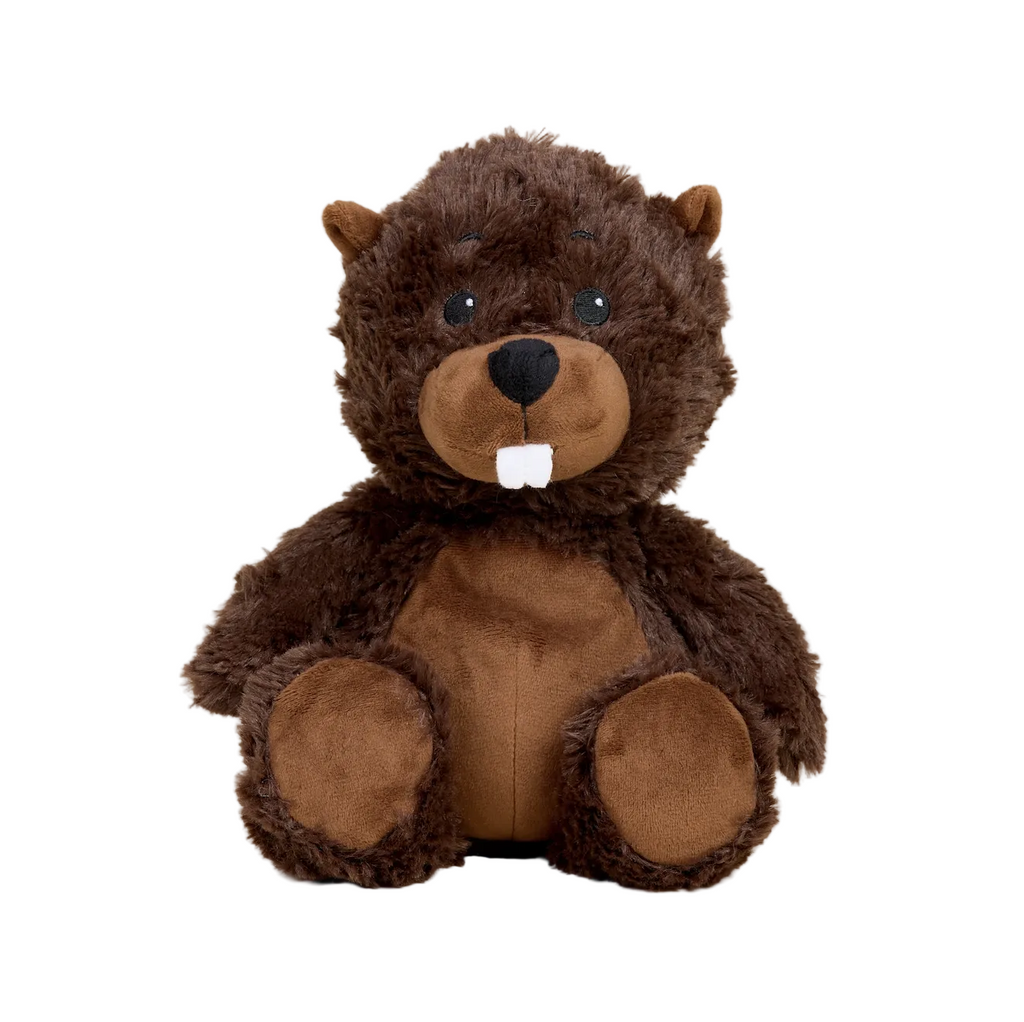 Beaver Warmies weighted plush stuffed animal with dark brown fur and sueded ears, muzzle, tummy, and paws. 