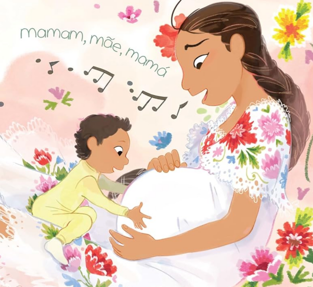 Interior page from Bebe Ama A Mama with an illustration of a pregnant mother with a toddler in her lap with musical notes and the words, maman, mae, and mama coming out of her mouth. 