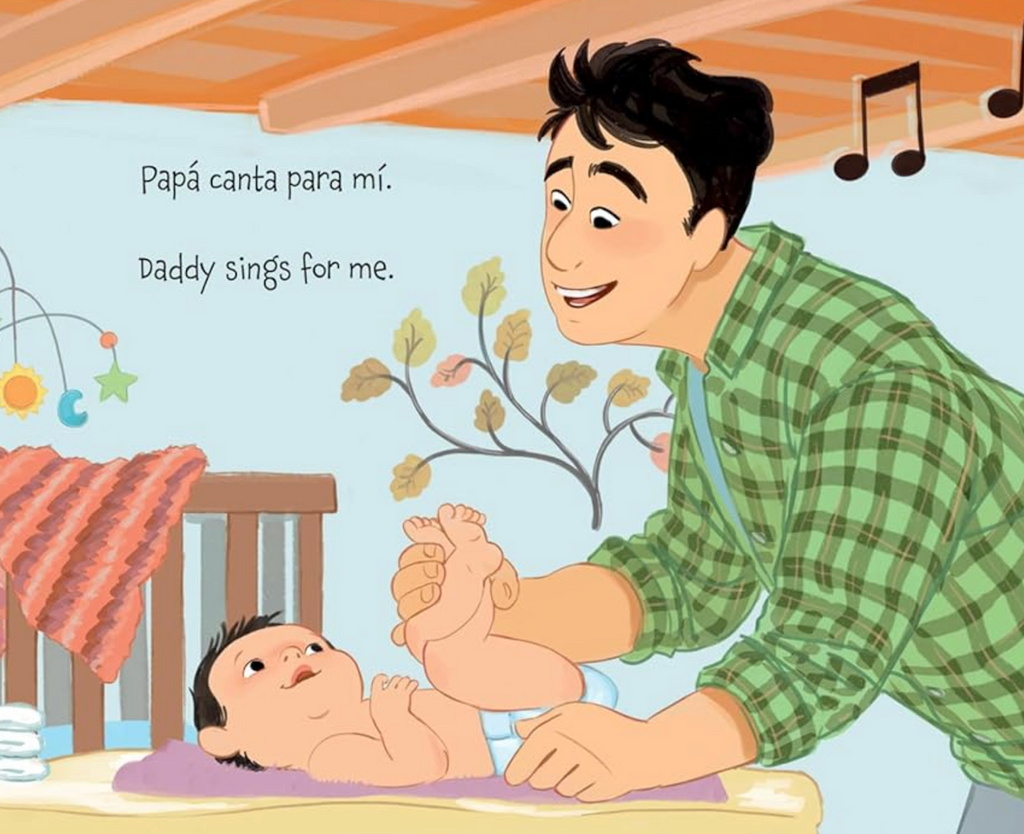 Illustration of a father singing to a baby with text 'Papá canta para mó.' and 'Daddy sings for me', from the Spanish/English book Bebe ama A Papa. 