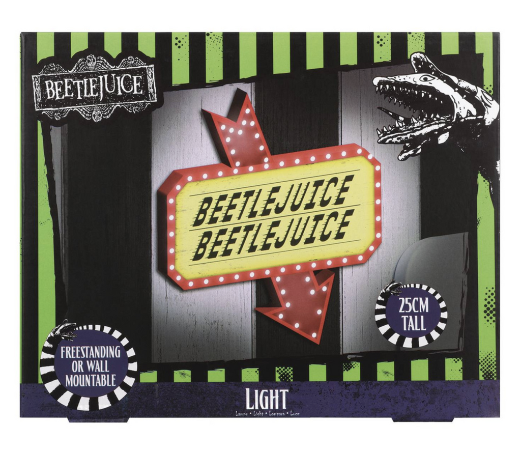 The Beetlejuice sign in it's box with a picture of the sign lit up and mounted to a wall. 