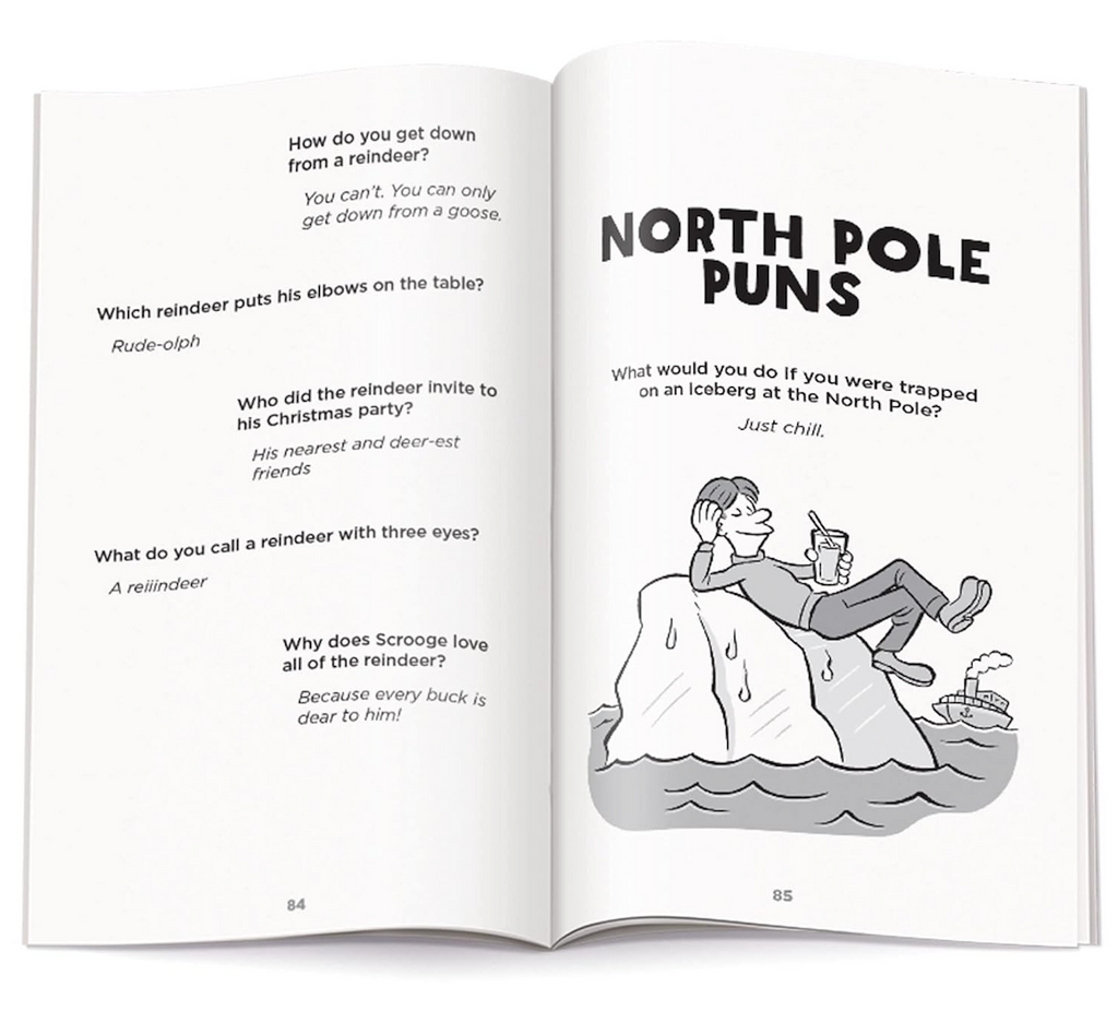 Interior page from Highlights Best Kids' Christmas Jokes Ever! with reindeer themed jokes and an illustration introducing the North Pole Puns section. 